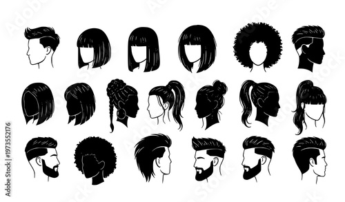 Diverse men and women hairstyle silhouettes black hair style vector collection