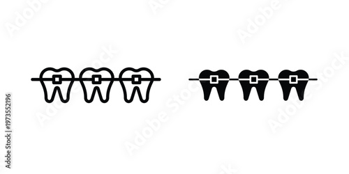 Teeth with braces icon symbol. Icon in flat style and line. Black and white
