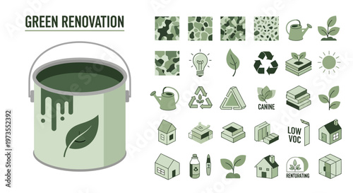 Green Renovation and Eco-Friendly Home Improvement Vector Icon Set with Sustainable Paint Can and Sustainable Building Materials