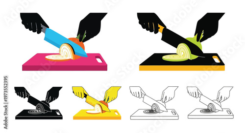 Hands chopping vegetables with a knife on cutting boards illustrated in various colors