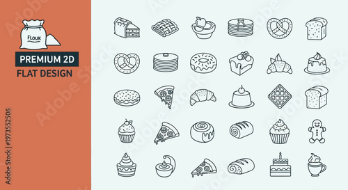 Bakery and Pastry Line Icons Set, Dessert and Food Flat Design Vector