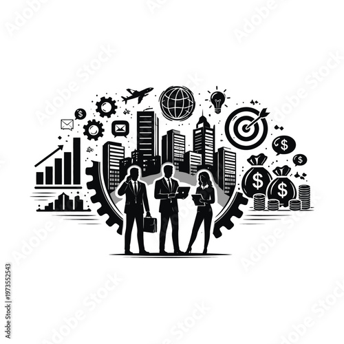 business team with urban skyline, finance marketing analytics concept with technology and data