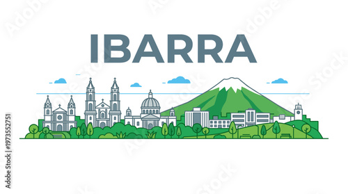 Ibarra Ecuador city skyline with Imbabura volcano and landmarks flat vector illustration