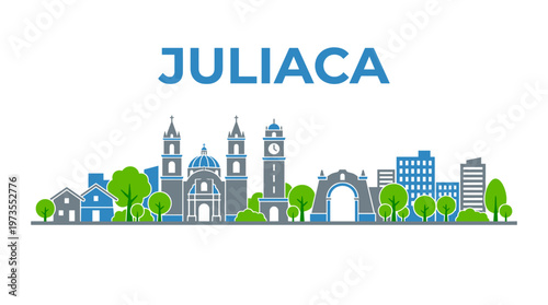Juliaca Peru city skyline with landmarks and trees flat vector illustration isolated on white