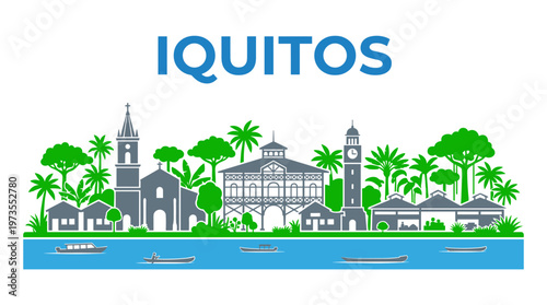 Iquitos Peru city skyline with tropical rainforest and Amazon river vector illustration