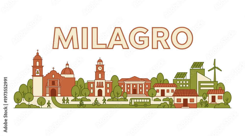 Naklejka premium Milagro Ecuador city skyline with landmarks sustainable energy and community flat vector illustration