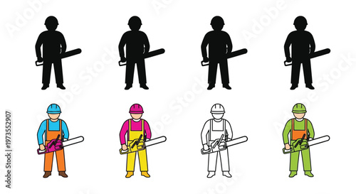 Four variations of a lumberjack holding a chainsaw depicted in different styles