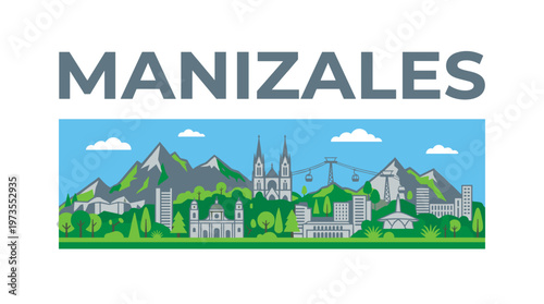 Manizales city skyline with mountains and cable car flat vector illustration