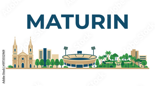 Maturin Venezuela city skyline featuring cathedral and stadium flat vector illustration