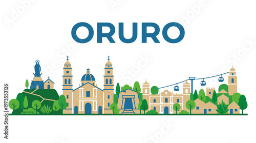 Oruro Bolivia city skyline with famous landmarks flat vector illustration isolated on white background