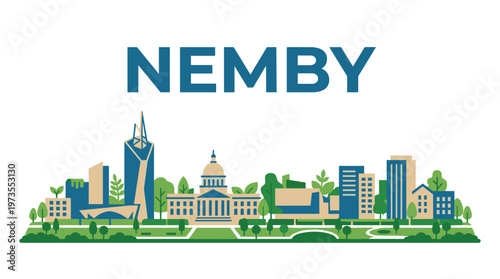 NEMBY city skyline with sustainable green architecture and parks flat vector illustration