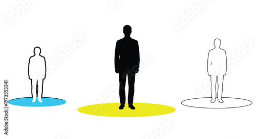 Three stylized human figures stand on differently colored circular platforms