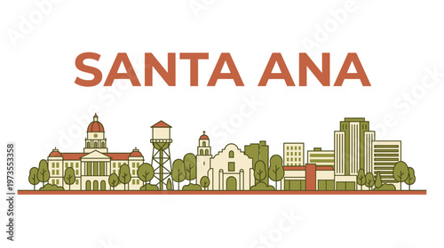 Santa Ana California city skyline with historic landmarks minimalist flat vector illustration