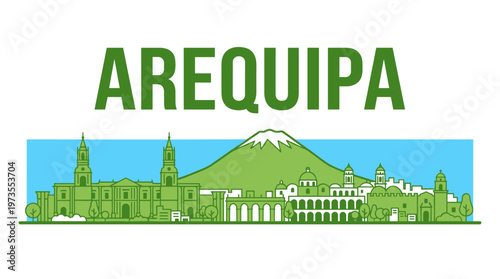 Arequipa Peru city skyline with Misti volcano and Basilica Cathedral flat vector illustration