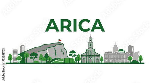 Arica Chile city skyline with Morro de Arica and San Marcos Cathedral flat vector illustration