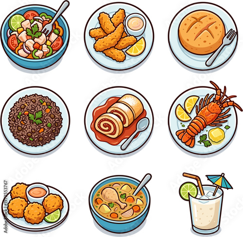 Assorted Latin American and Caribbean food dishes set on white background vector illustration