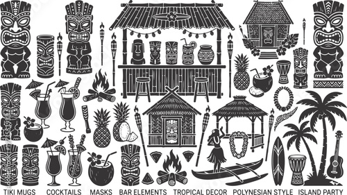 Ultimate Tiki Bar and Polynesian Culture Vector Set: Tribal Masks, Tropical Cocktails, Hula Dancers, and Island Party Silhouette Icons