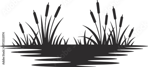Water Grass and Bulrush Silhouette: Cattail Reeds on River Bank Vector Illustration for Nature and Wetland Concepts