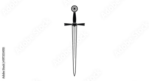 A stark black and white illustration of a medieval knight s sword