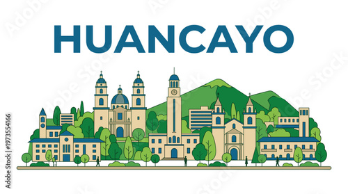 Huancayo city skyline isolated on white background with mountains flat vector illustration