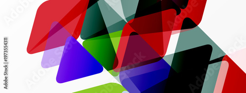 Abstract shapes overlap, creating vibrant color blends. Red, green, blue hues dominate composition. Minimalist design, modern aesthetic.