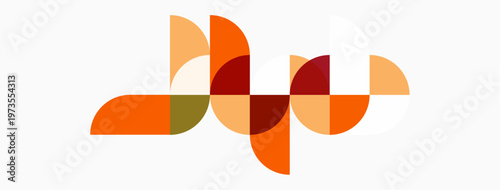 Abstract geometric shapes, warm colors dominate composition. Overlapping semicircles create dynamic visual pattern. Minimalist design.