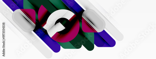 Abstract geometric shapes overlap, creating dynamic composition. Colors include purple, green, white, magenta. Modern design elements present.