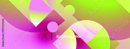 Abstract vibrant design. Pink, yellow, green gradients blend. Geometric shapes overlap creating dynamic visual effect. Text reads AI BACKGROUND.