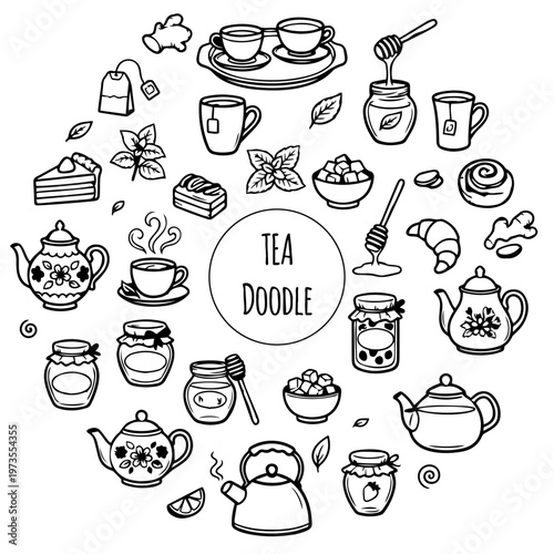 Tea and Coffee Time Doodle Set. Hand-Drawn Black Line Icons of Teapots, Cups and Spices