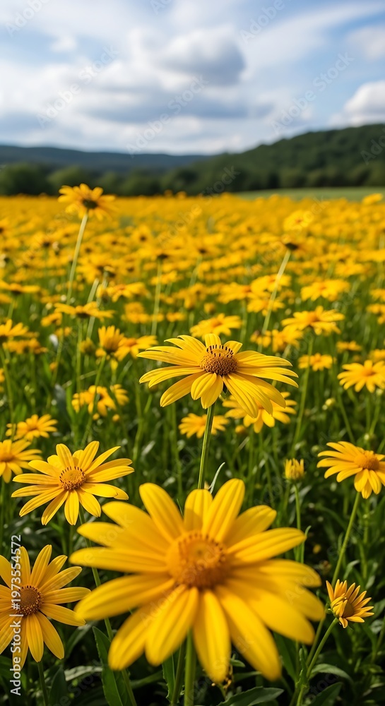 Fototapeta premium Vibrant Field of Yellow Flowers Under a Cloudy Sky.