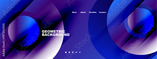 Abstract geometric background. Blue, purple hues blend. Navigation menu present. Modern design, clean aesthetic. Minimalist composition.