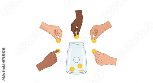 Diverse hands putting coins in jar.