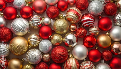 A close-up shot features an assortment of colorful, shiny ornaments, including silver, gold, and various shades of red. The ornaments overlap