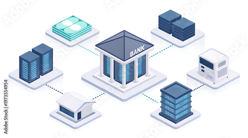 Isometric banking platform with digital core, bank building connecting servers, data storage, cash stack, terminal and office nodes networked