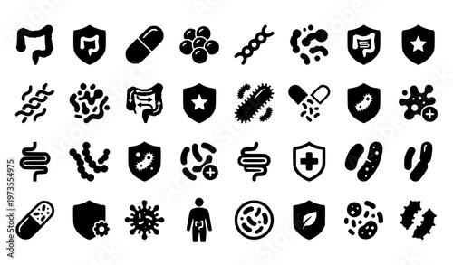 Probiotics bacteria icon set flat black microbiome symbols gut health and supplement vector collection