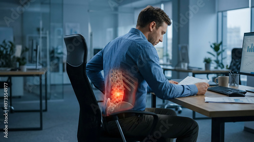 Stressed Businessman Experiencing Intense Lower Back Pain While Working at His Desk in a Modern Office Environment, Highlighting Workplace Health Issues and Poor Ergonomics
