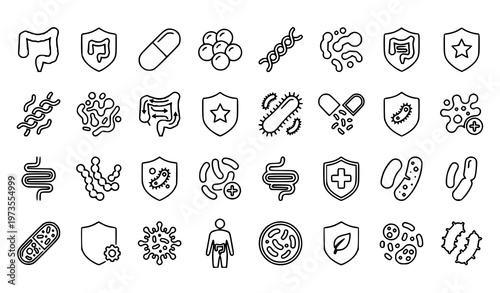 Probiotics bacteria outline icon set microbiome gut health symbols line vector collection