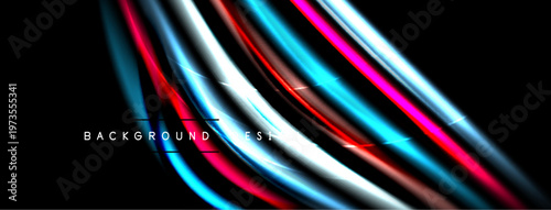 Abstract design features vibrant streaks, flowing lines. Dark background emphasizes bright colors, creating dynamic visual effect.