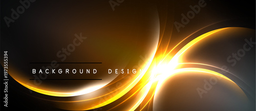 Abstract golden lines over dark background. Bright energy flow creates modern design element. Smooth curves, dynamic composition.