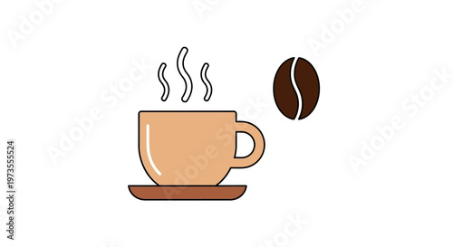 Steaming hot coffee cup with bean.