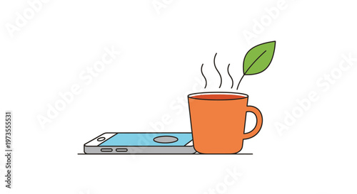 Steaming hot coffee cup with leaf.