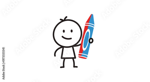 Stick figure holding colorful crayon.