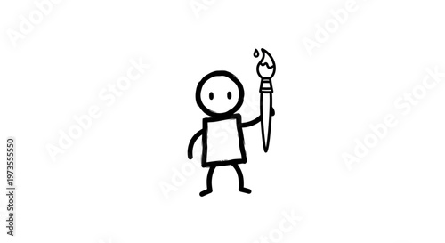 Stick figure holding lit torch.