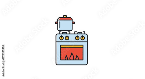 Stove with pot on top burning.
