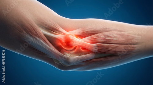 Elbow joint pain and inflammation, medical illustration of an injured human elbow showing discomfort and tenderness