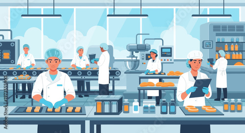 Food Production Workers in a Modern Factory Setting.