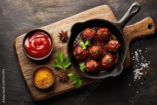 Hearty meatballs simmer in savory sauce, served with ketchup and spices