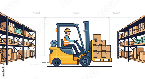 Forklift Operator Moving Boxes in Warehouse.