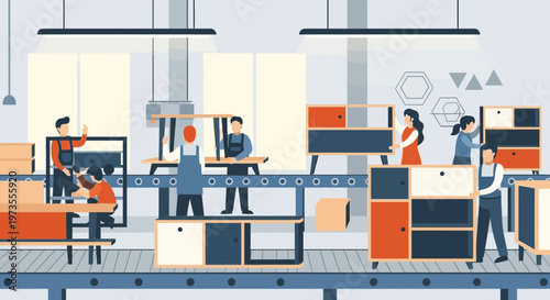 Furniture Manufacturing Process with Workers Assembling Furniture.
