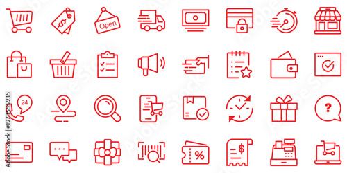 Shopping web icons in line style. Ecommerce, discount offers, delivery, online store, coupon code, bank card payment, gift box, retail set. Editable stroke. Vector illustration
